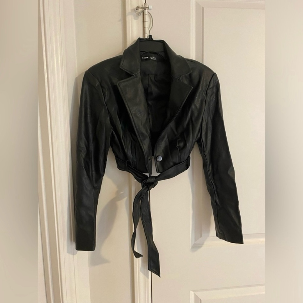 SHEIN Single Button Belted Crop PU Leather Blazer size xs